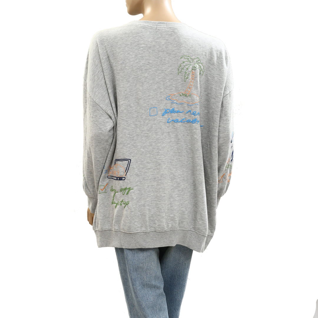 By Anthropologie Embroidered Crew-Neck Sweatshirt Top