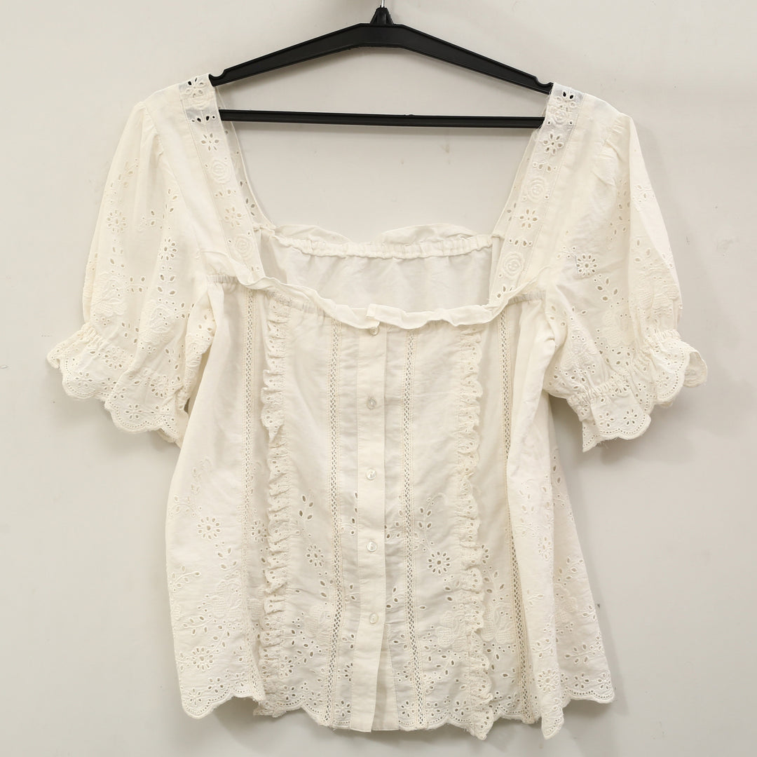 By Anthropologie Puff-Sleeve Eyelet Blouse Top