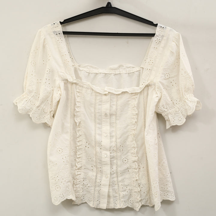 By Anthropologie Puff-Sleeve Eyelet Blouse Top