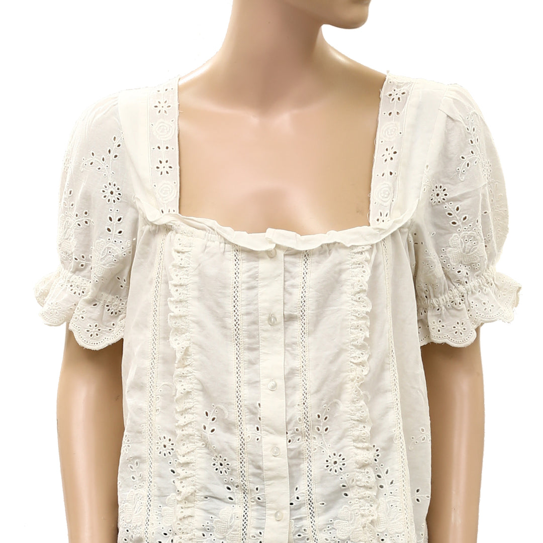 By Anthropologie Puff-Sleeve Eyelet Blouse Top