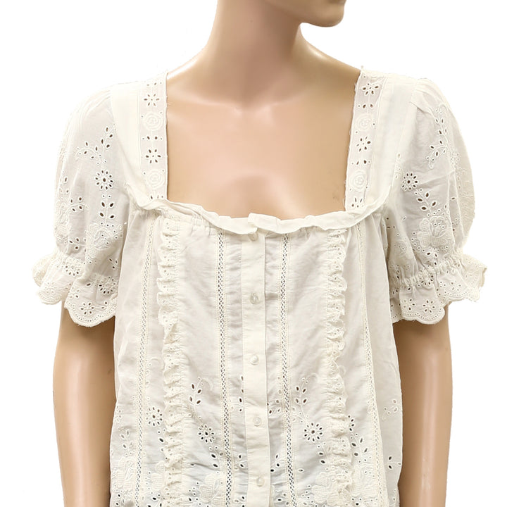 By Anthropologie Puff-Sleeve Eyelet Blouse Top