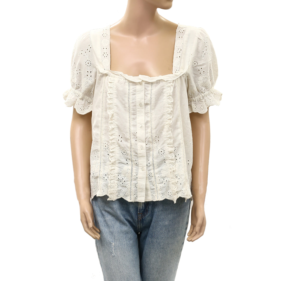 By Anthropologie Puff-Sleeve Eyelet Blouse Top