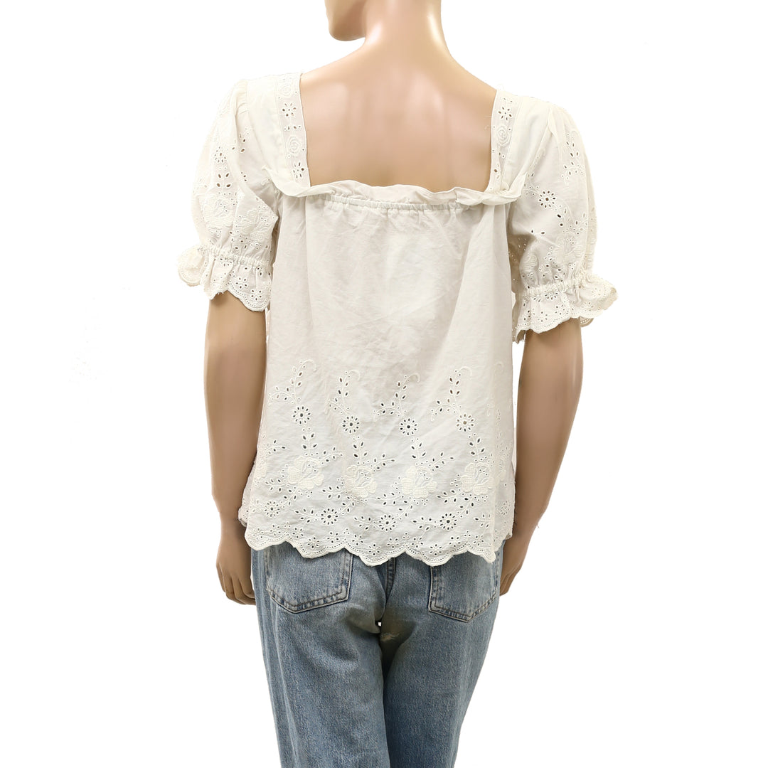 By Anthropologie Puff-Sleeve Eyelet Blouse Top