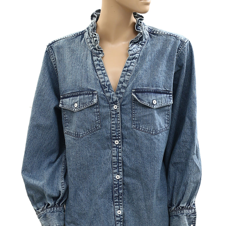 Kerri Rosenthal Puff Sleeve Denim Shirt Top