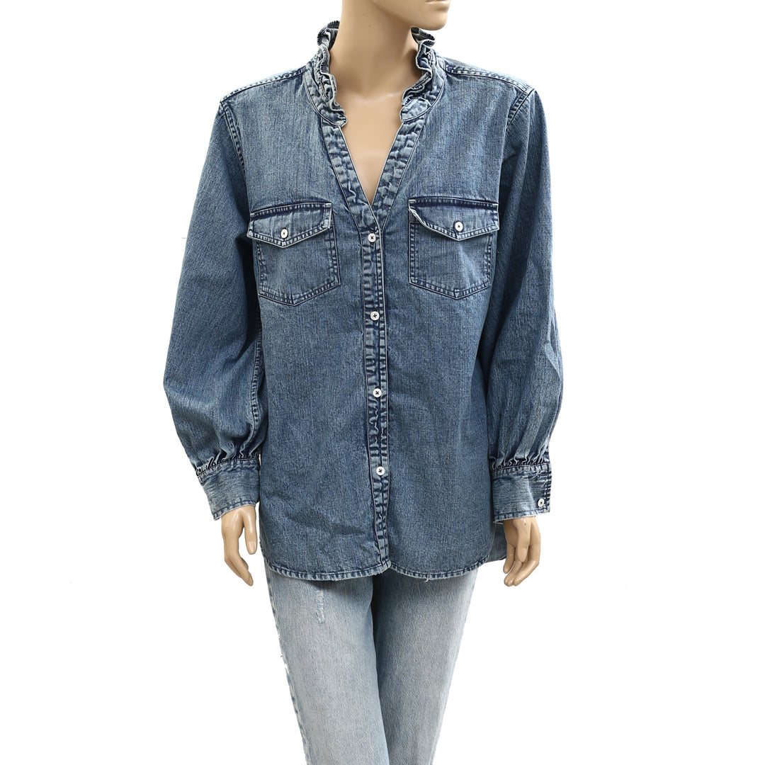 Kerri Rosenthal Puff Sleeve Denim Shirt Top