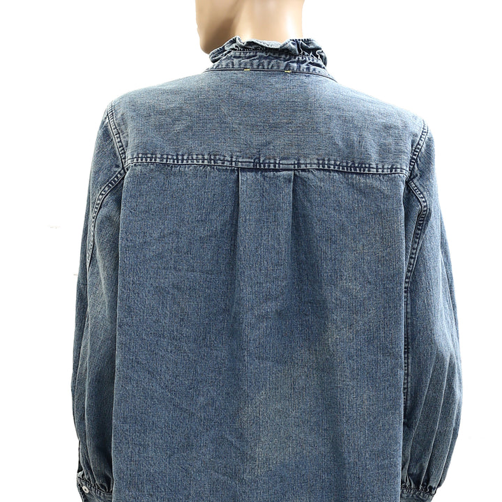 Kerri Rosenthal Puff Sleeve Denim Shirt Top
