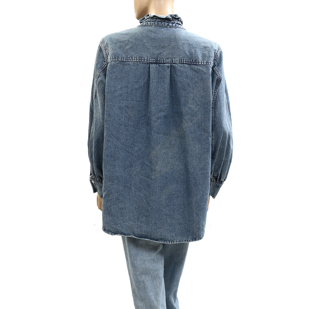 Kerri Rosenthal Puff Sleeve Denim Shirt Top