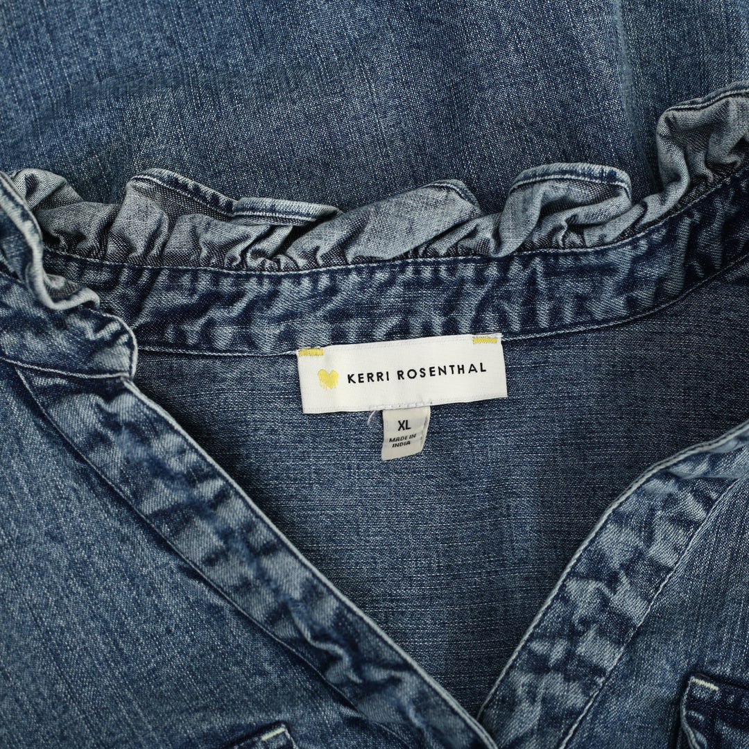 Kerri Rosenthal Puff Sleeve Denim Shirt Top