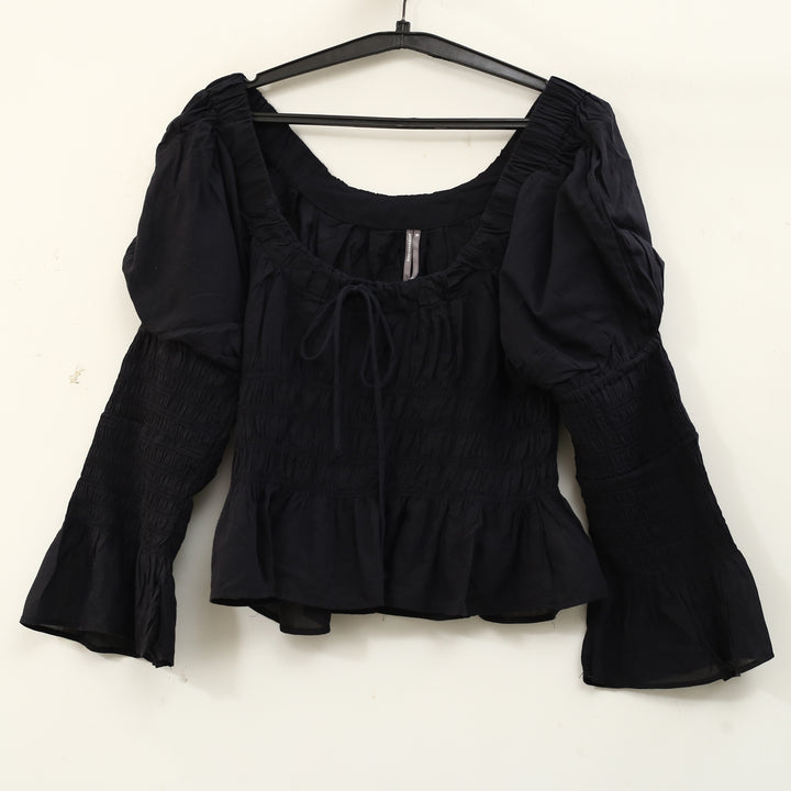 Anthropologie Long-Sleeve Smocked Babydoll Blouse Top
