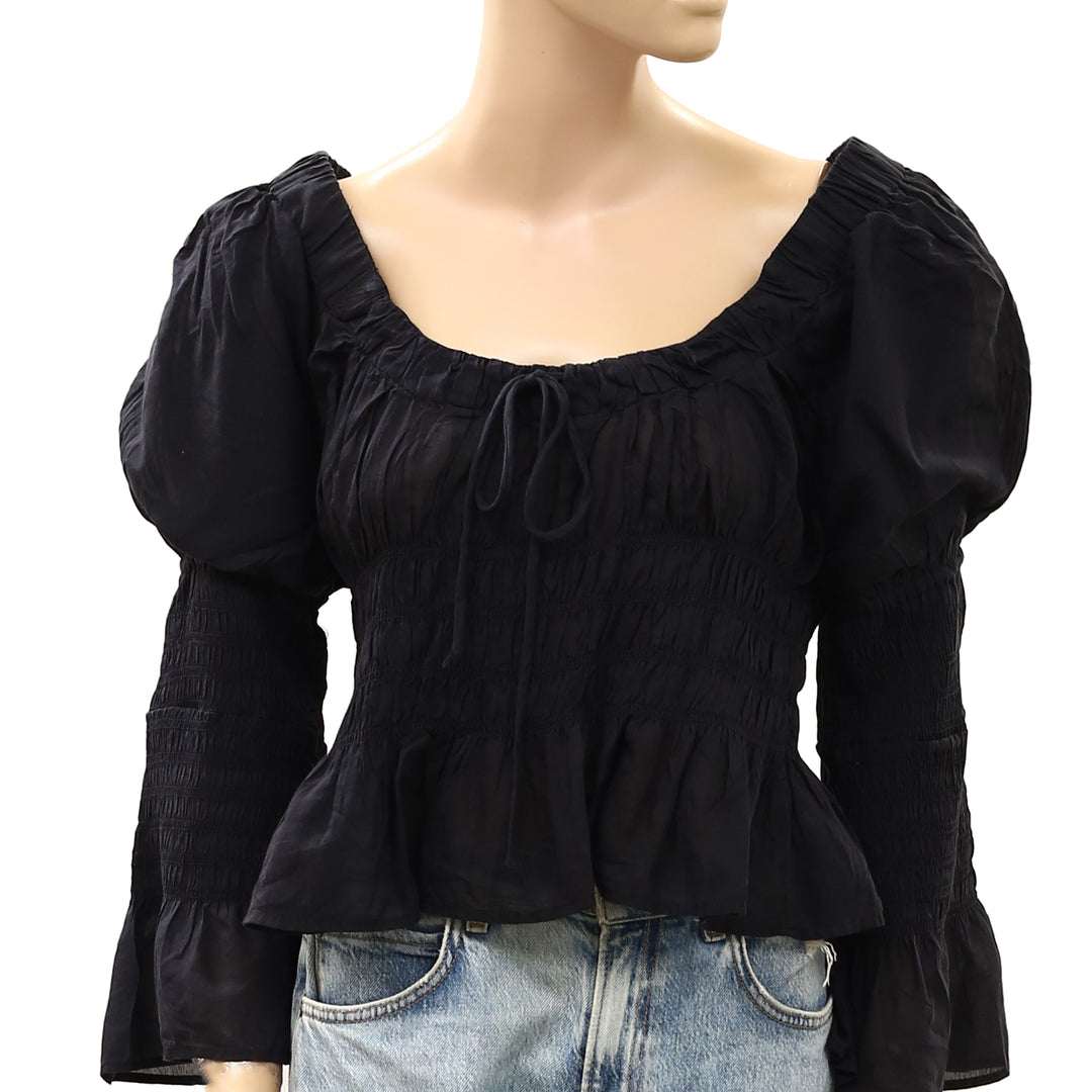 Anthropologie Long-Sleeve Smocked Babydoll Blouse Top