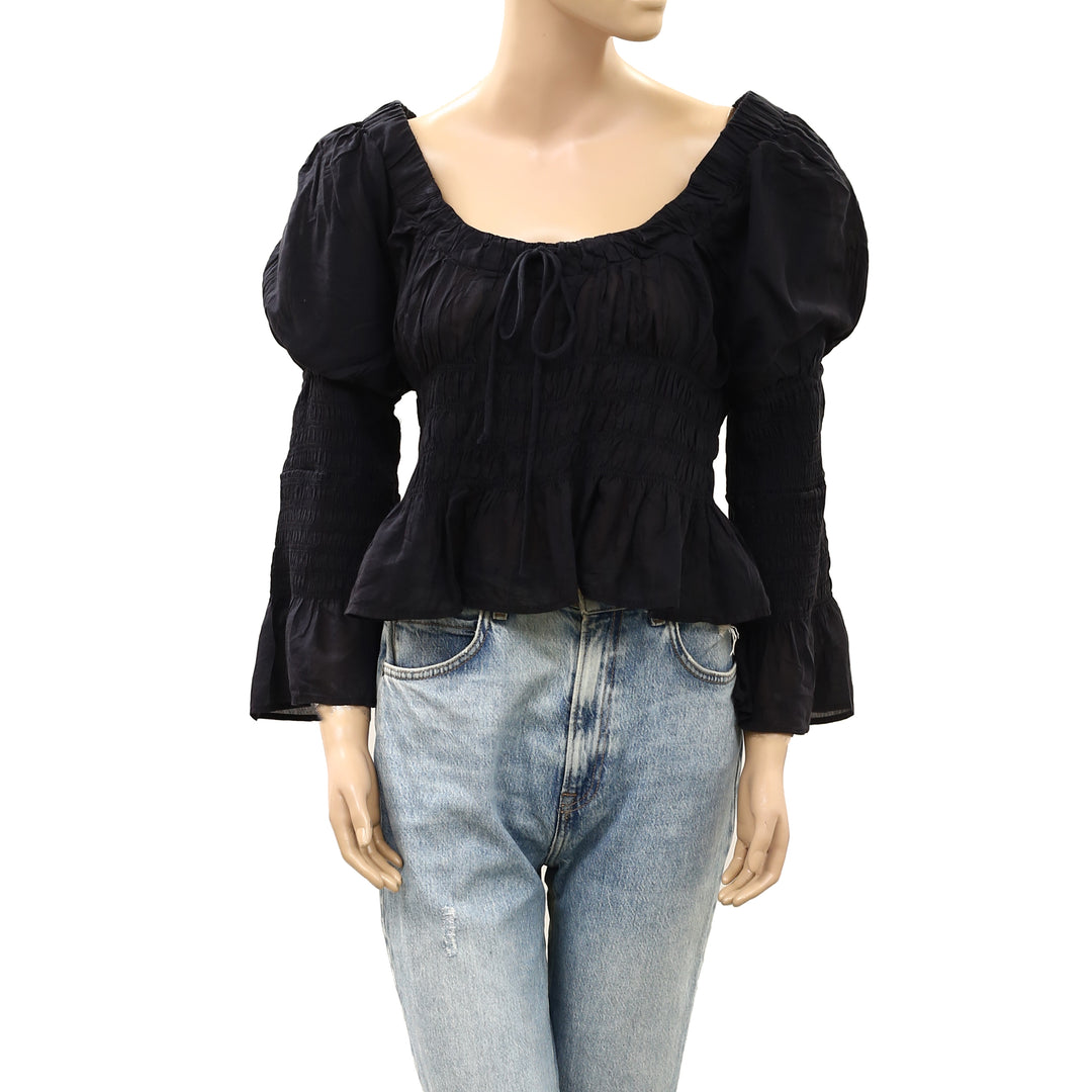 Anthropologie Long-Sleeve Smocked Babydoll Blouse Top