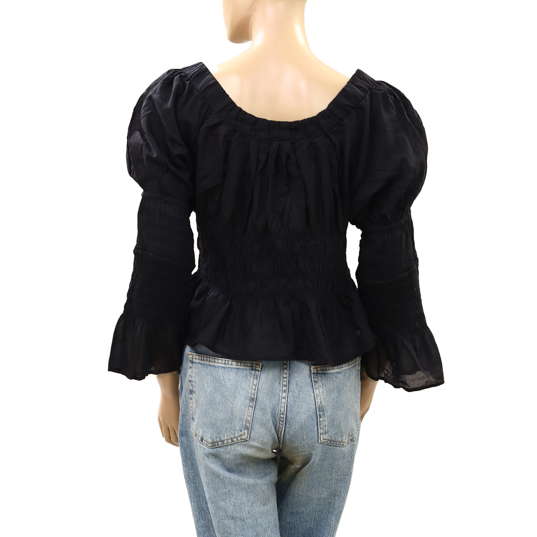 Anthropologie Long-Sleeve Smocked Babydoll Blouse Top