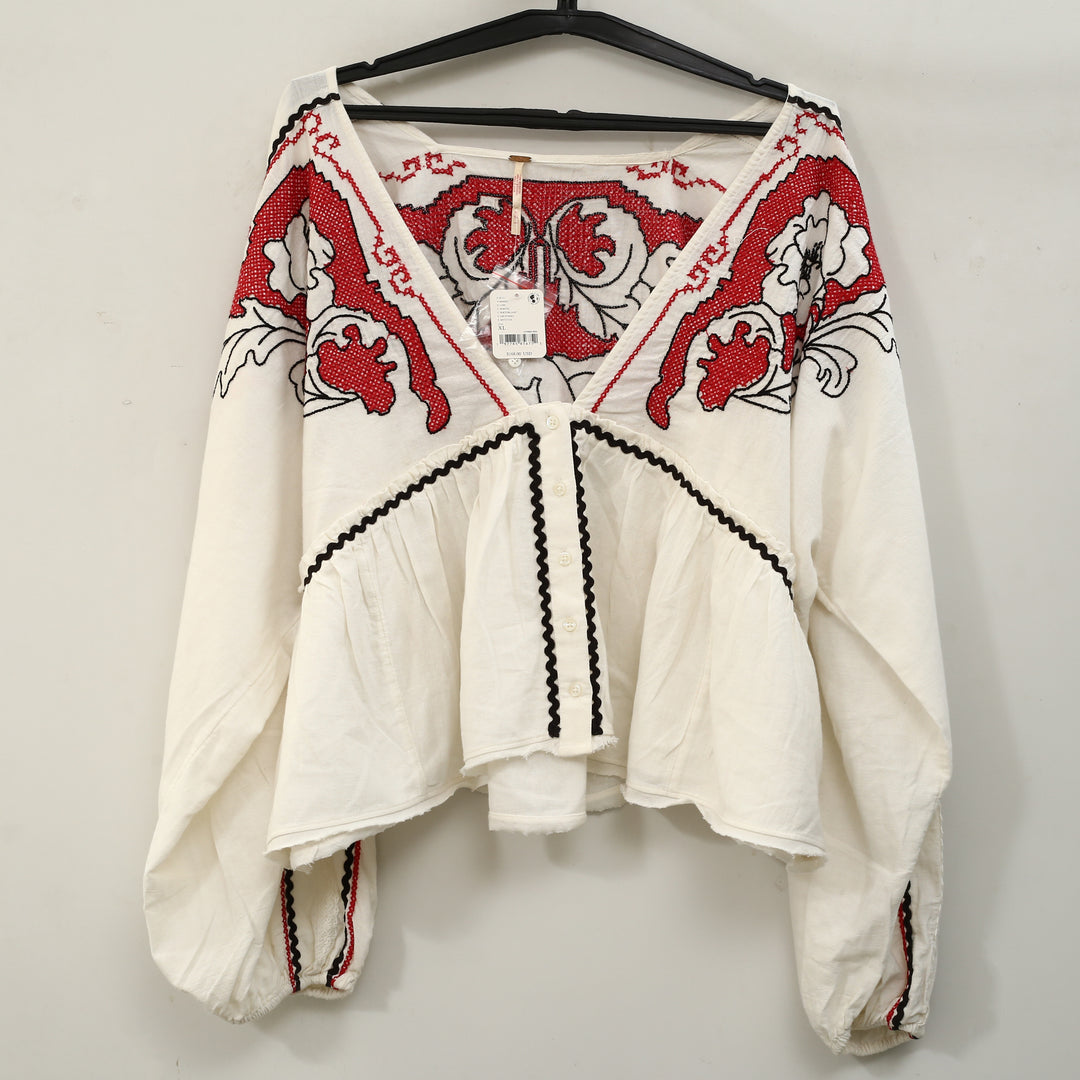 Free People Bonnie Floral Embroidered Blouse Top