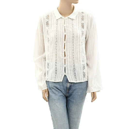 Free People FP One Pleated Crochet Lace Shirt Blouse Top