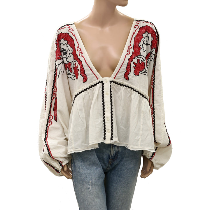 Free People Bonnie Floral Embroidered Blouse Top