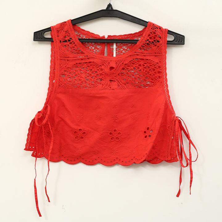 Free People How Sweet Floral Eyelet Embroidered Lace Cropped Blouse Top