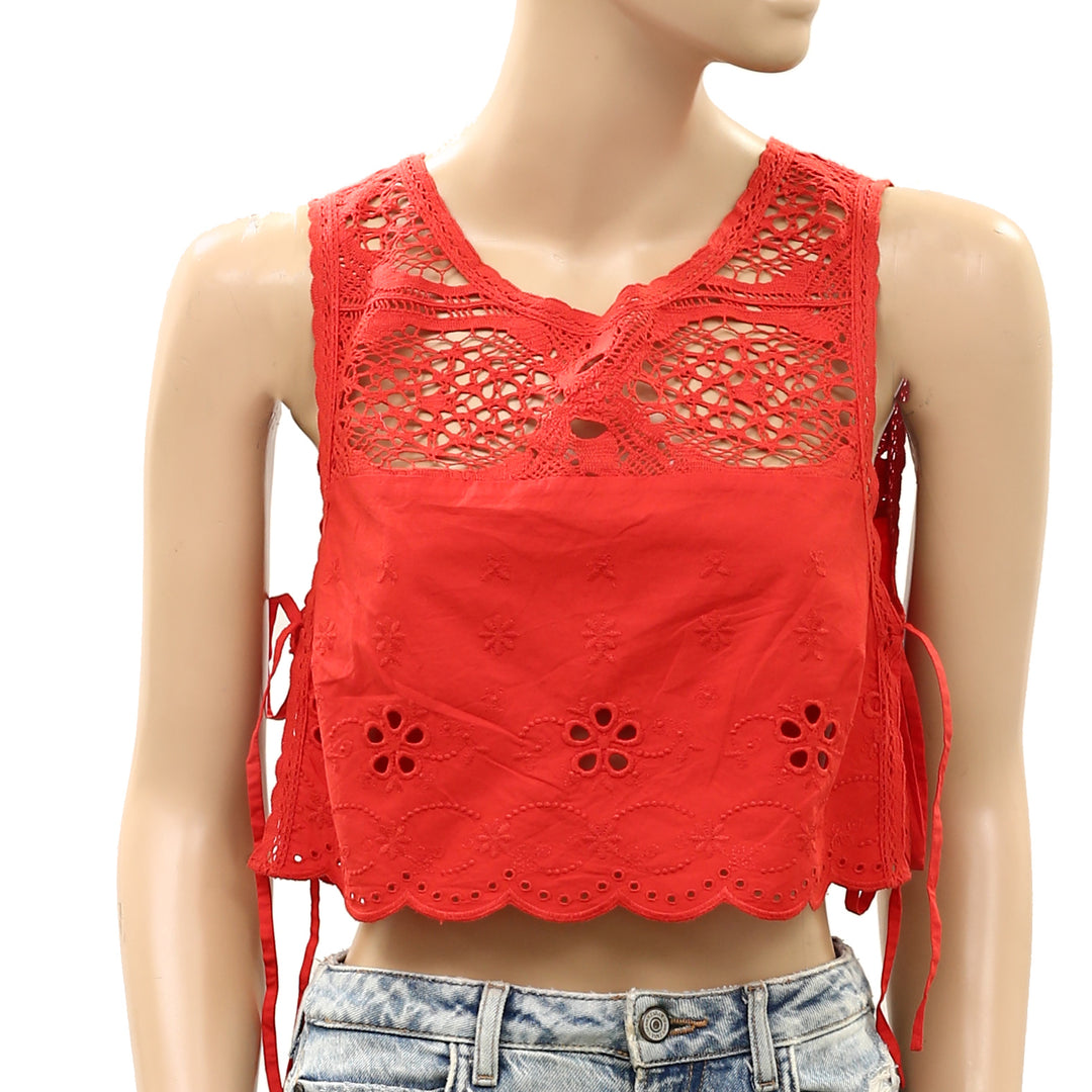Free People How Sweet Floral Eyelet Embroidered Lace Cropped Blouse Top