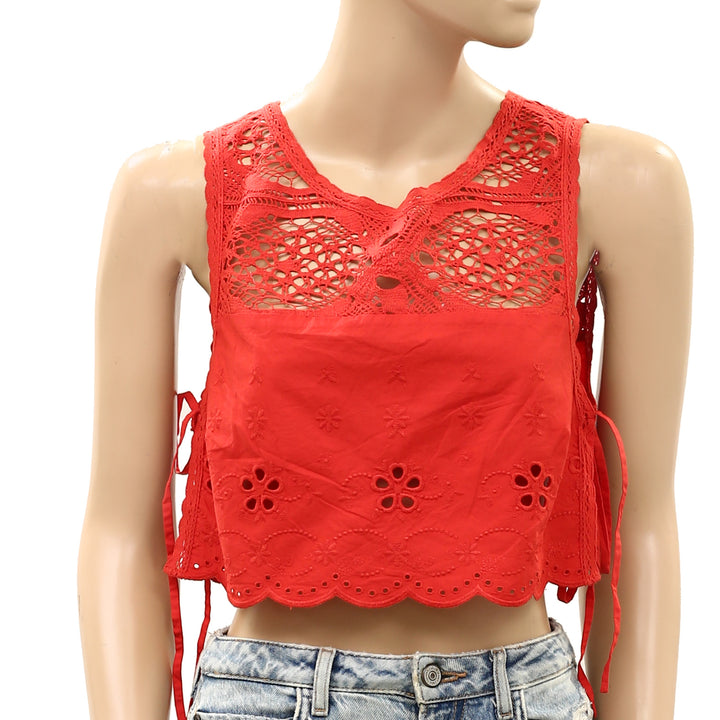 Free People How Sweet Floral Eyelet Embroidered Lace Cropped Blouse Top