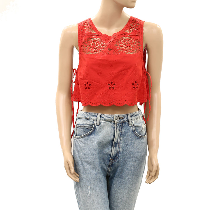Free People How Sweet Floral Eyelet Embroidered Lace Cropped Blouse Top