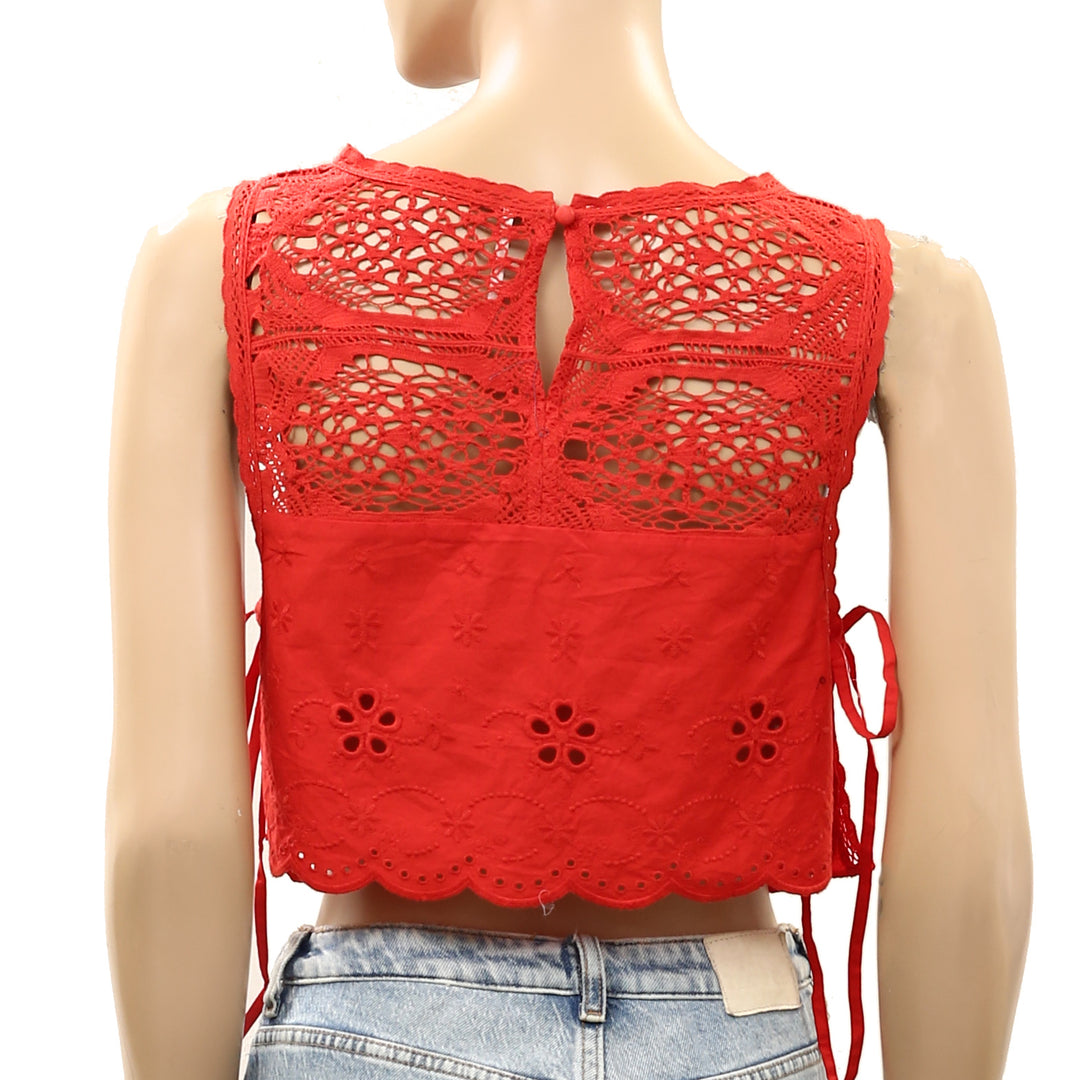 Free People How Sweet Floral Eyelet Embroidered Lace Cropped Blouse Top