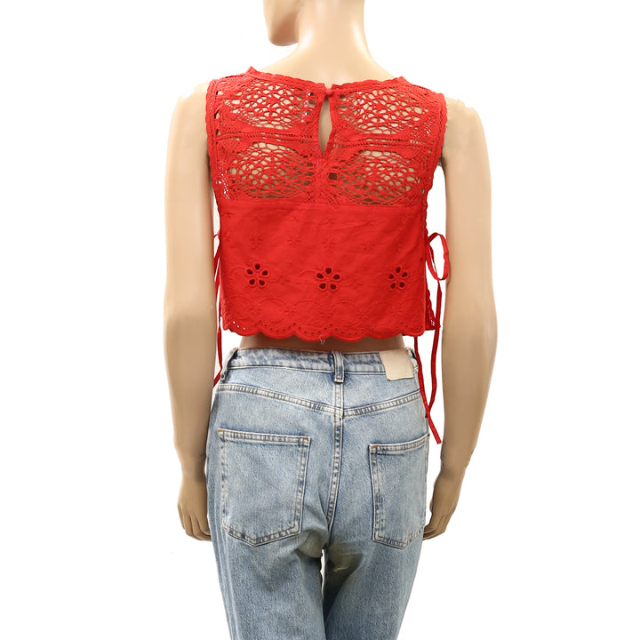 Free People How Sweet Floral Eyelet Embroidered Lace Cropped Blouse Top