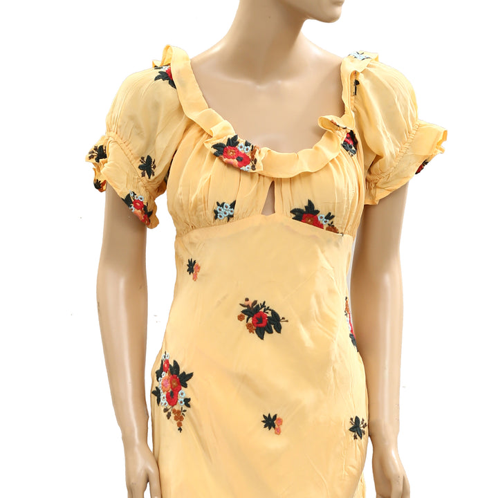 Free People Bali Santa Cruz Maxi Dress Floral  Embroidered Cutout Ruffle