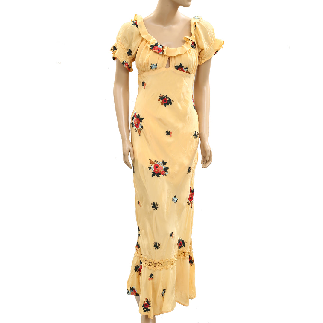 Free People Bali Santa Cruz Maxi Dress Floral  Embroidered Cutout Ruffle