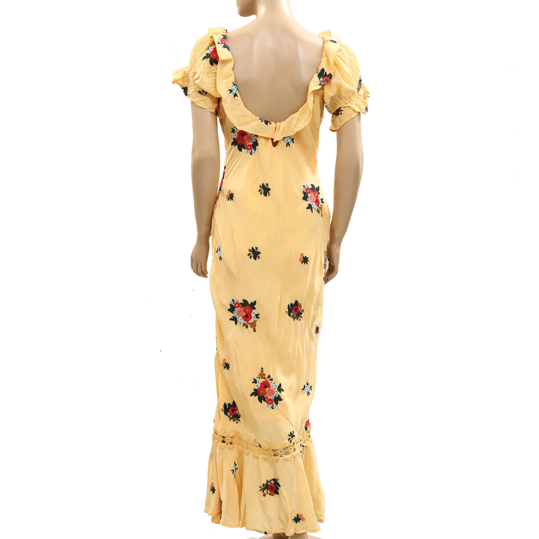 Free People Bali Santa Cruz Maxi Dress Floral  Embroidered Cutout Ruffle