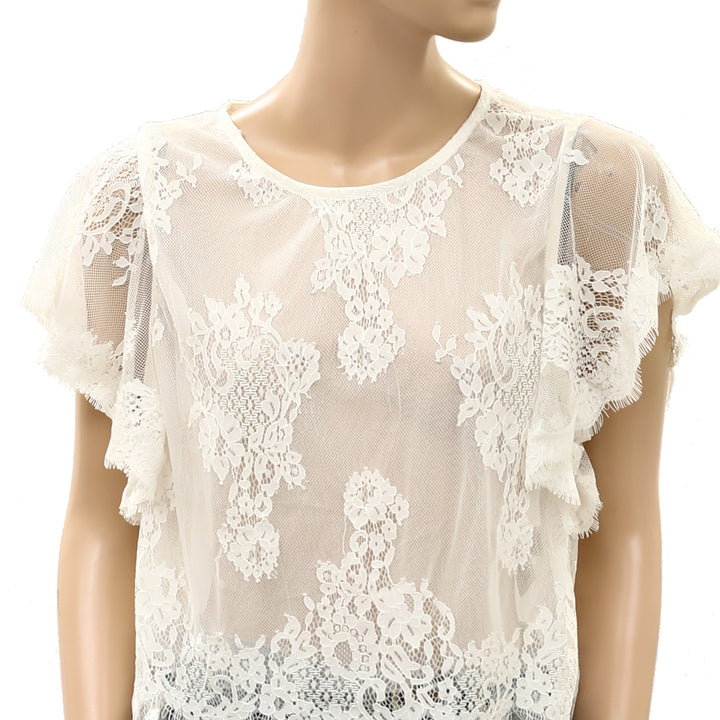 Free People Lunar Ash Lace Cropped Blouse Top