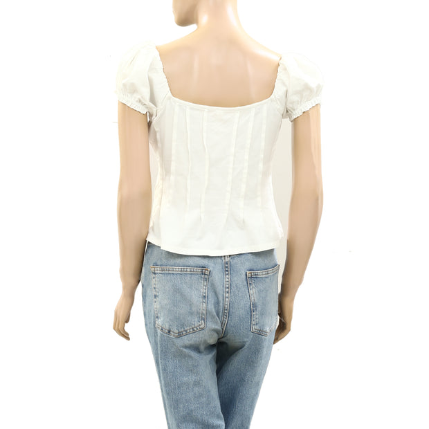 By Anthropologie Puffed Cap-Sleeve Corset Cropped Blouse Top