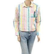 Kerri Rosenthal Striped Printed Buttondown Shirt Blouse Top
