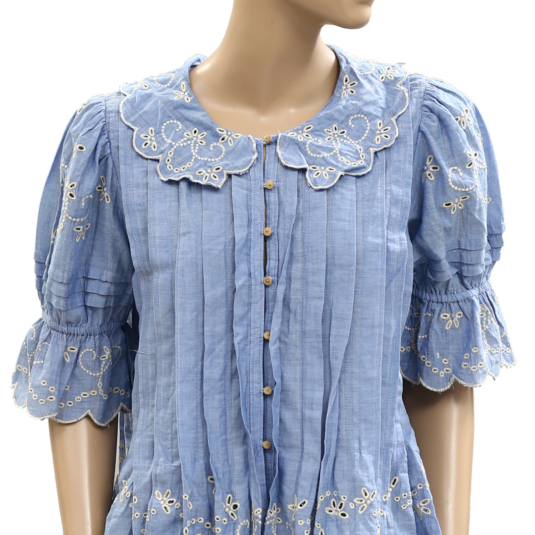 By Anthropologie Maeve Short-Sleeve Collared Pleated Blouse Top