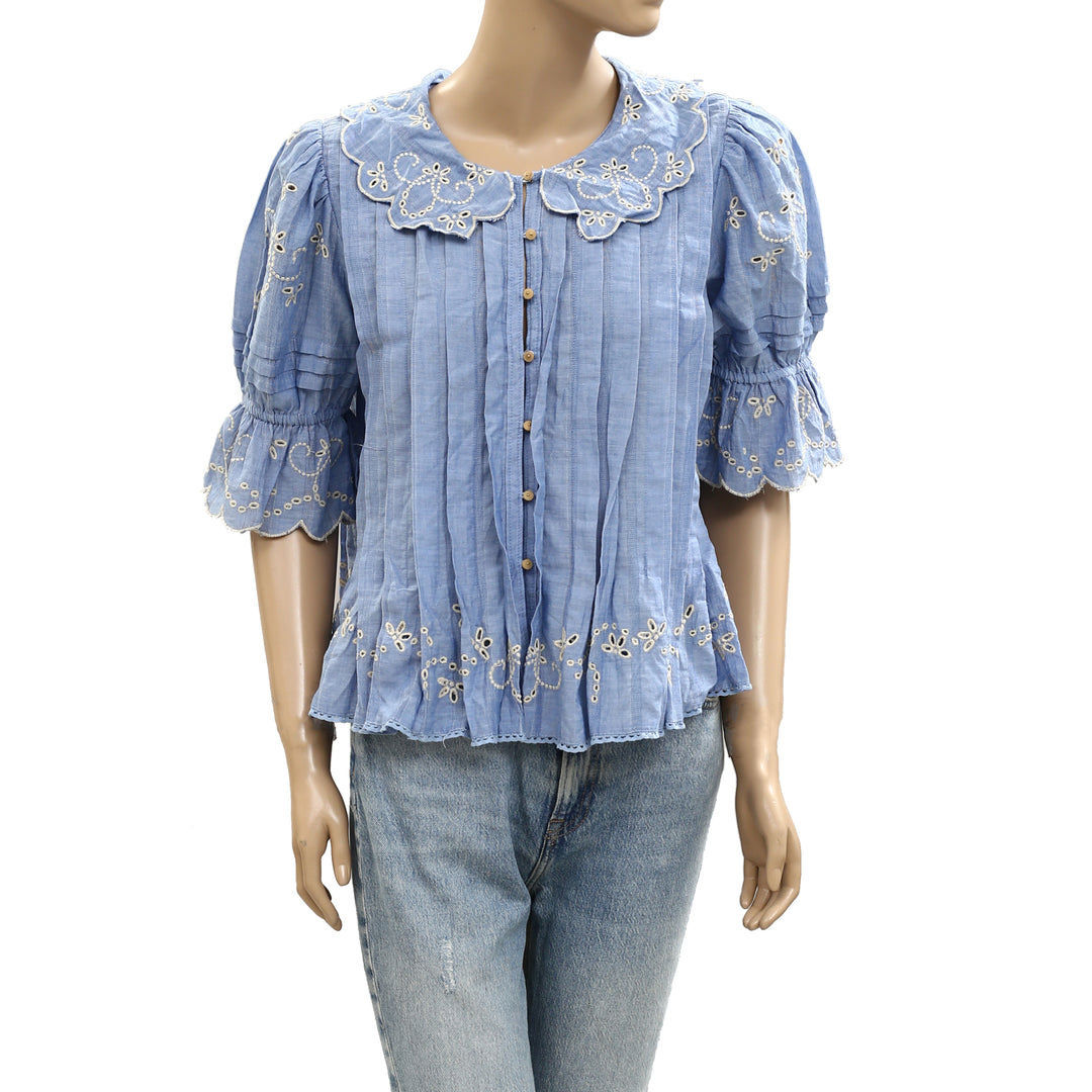 By Anthropologie Maeve Short-Sleeve Collared Pleated Blouse Top