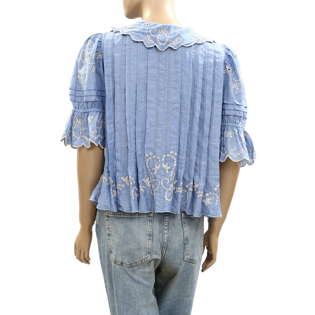 By Anthropologie Maeve Short-Sleeve Collared Pleated Blouse Top