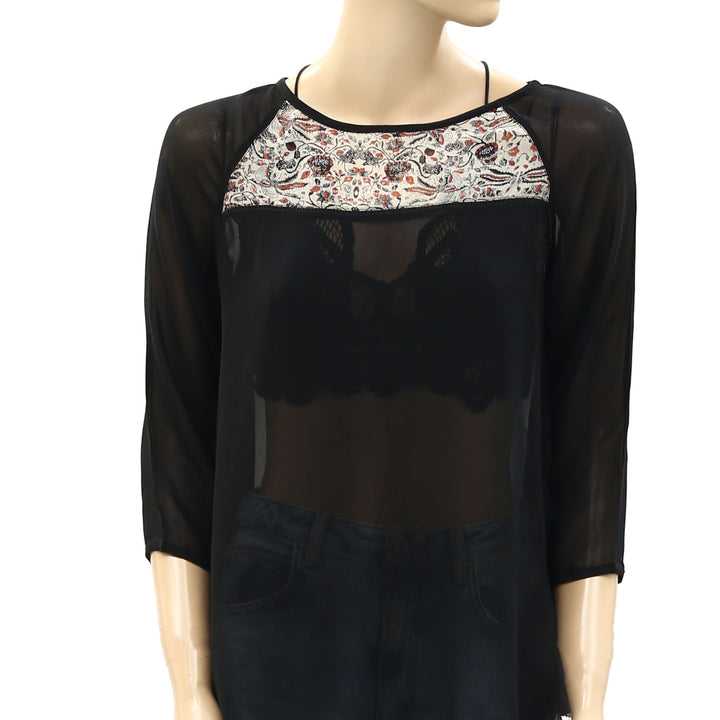 Ulla Johnson Floral Printed Lace Black Tunic Top