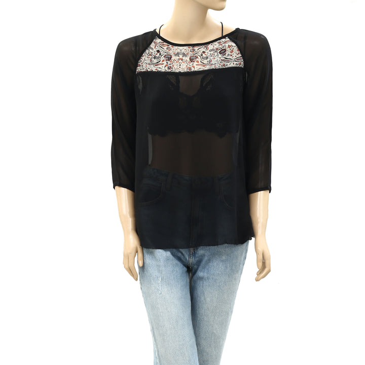 Ulla Johnson Floral Printed Lace Black Tunic Top