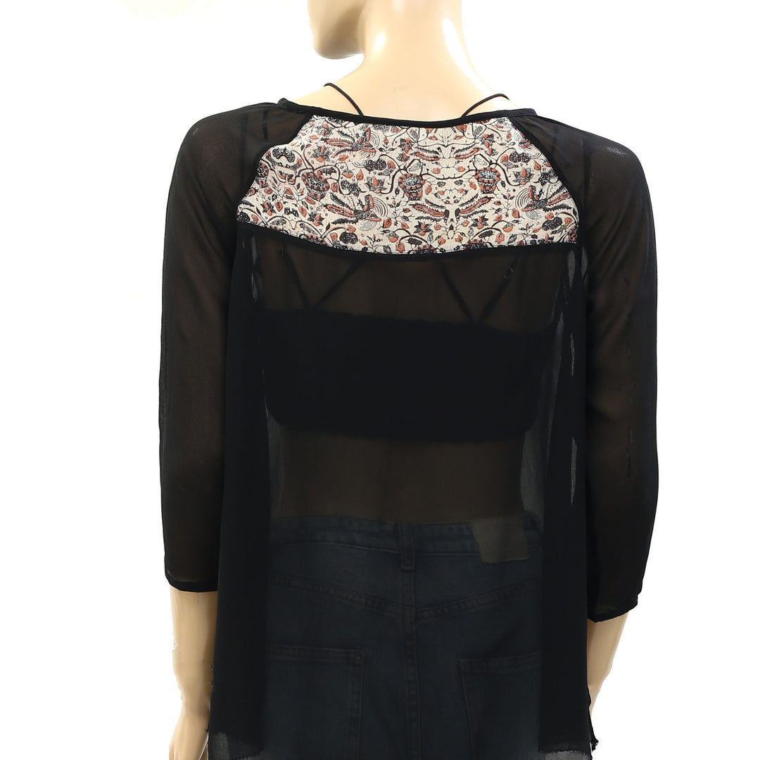 Ulla Johnson Floral Printed Lace Black Tunic Top