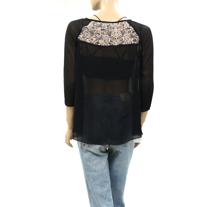 Ulla Johnson Floral Printed Lace Black Tunic Top