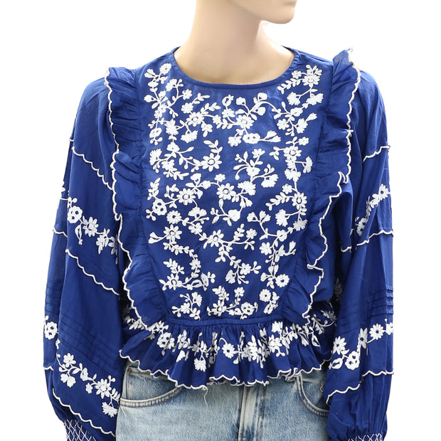 Farm Rio Anthropologie Navy Blue Embroidered Long Sleeve Blouse Top