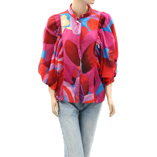 Farm Rio Anthropologie Watercolor Floral Blue Long Sleeve Blouse Top