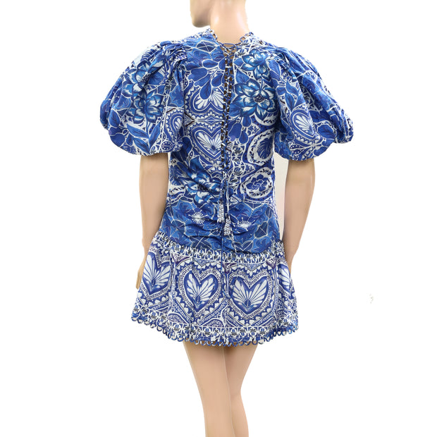 Farm Rio Blue Tile Dream Short Sleeve Mini Dress