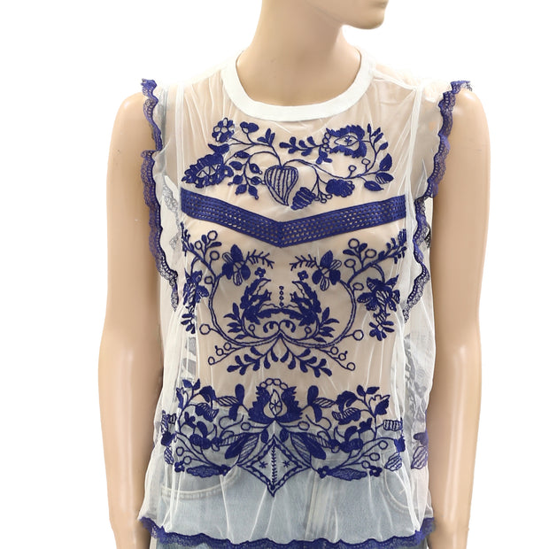 By Anthropologie Embroidered Ruffle Sheer Sleeveless Blouse Top