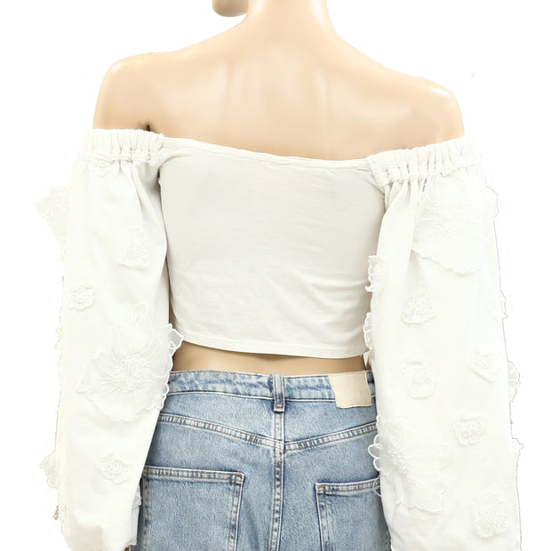 Free People White Floral Lace Cropped Off-The-Shoulder Blouse Top