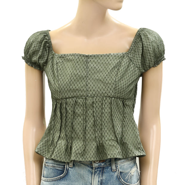 By Anthropologie Puffed Cap-Sleeve Corset Cropped Blouse Top