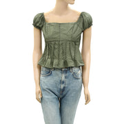 By Anthropologie Puffed Cap-Sleeve Corset Cropped Blouse Top