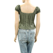 By Anthropologie Puffed Cap-Sleeve Corset Cropped Blouse Top