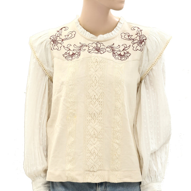 Free People Floral Embroidered Blouse Top