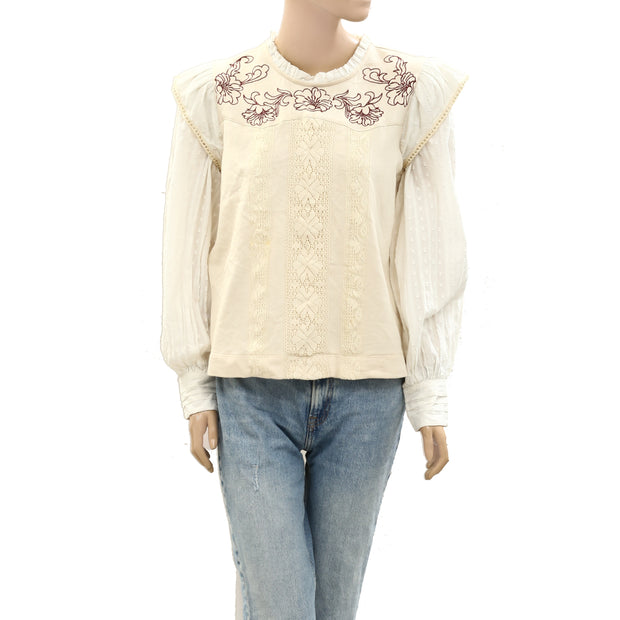 Free People Floral Embroidered Blouse Top