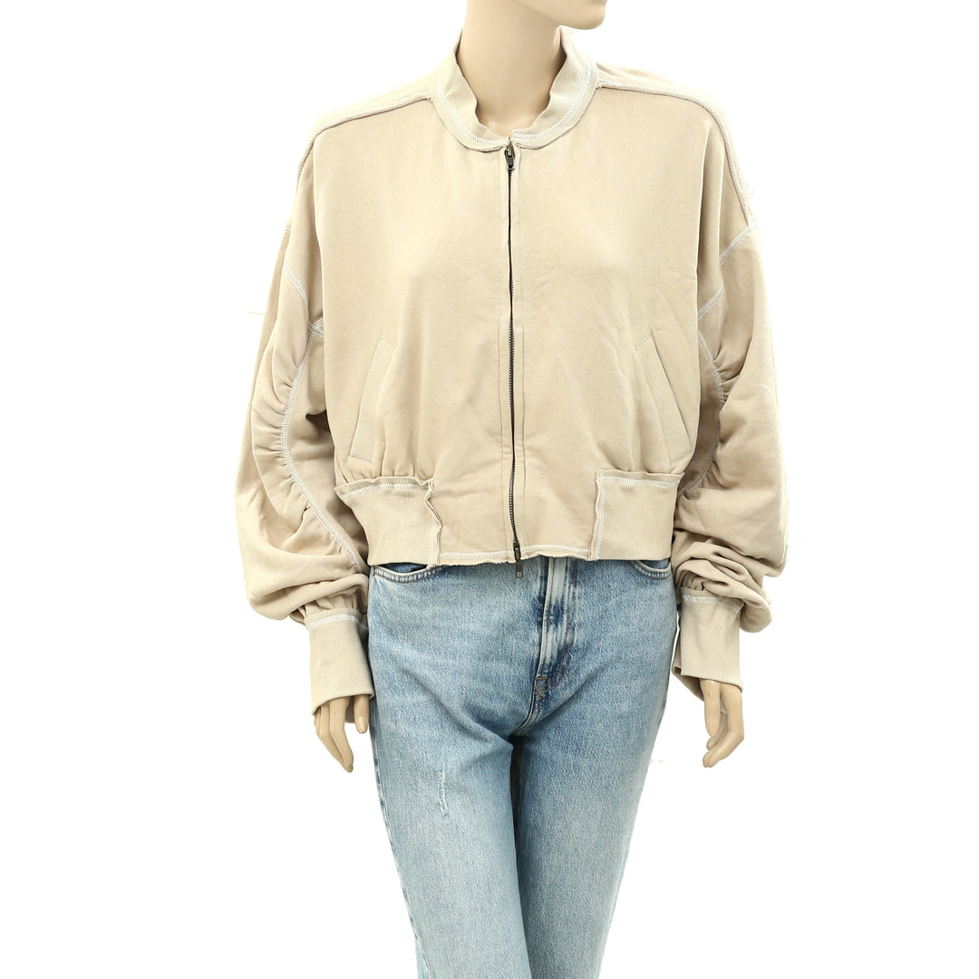 Free People Robby Bomber Jacket Womens Small Nomadic Cream Full Zip popular Distressed