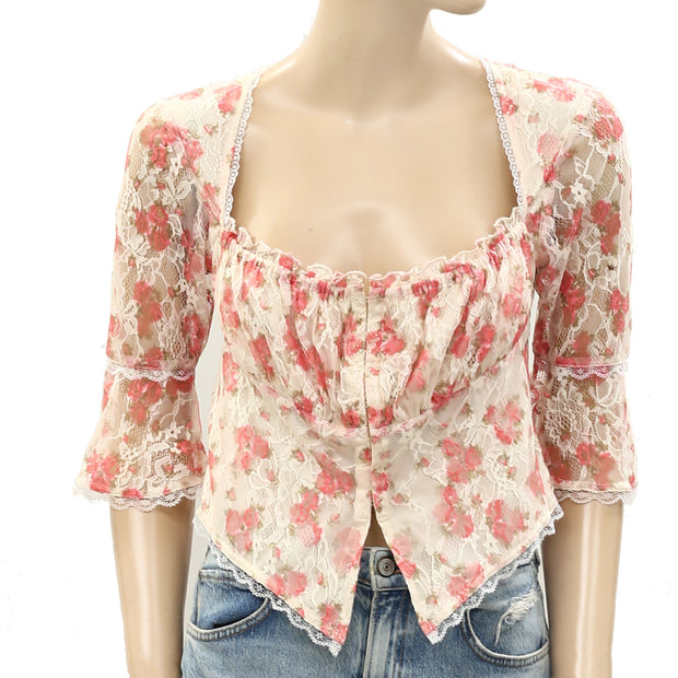Free People Floral Crochet Lace Cropped Blouse Top